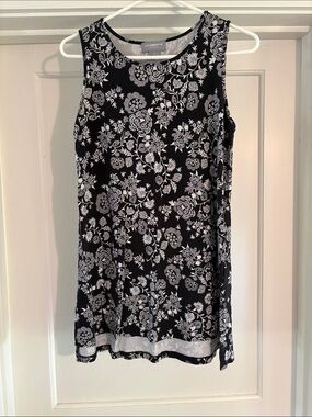 Liz Claiborne Black and White Floral Sleeveless Tunic Tank Top